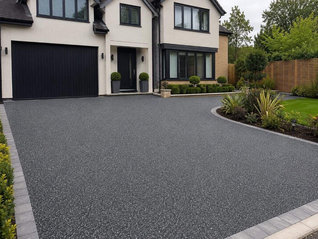 Large anthracite resin bound driveway on modern detached home by Daltex Resin Experts