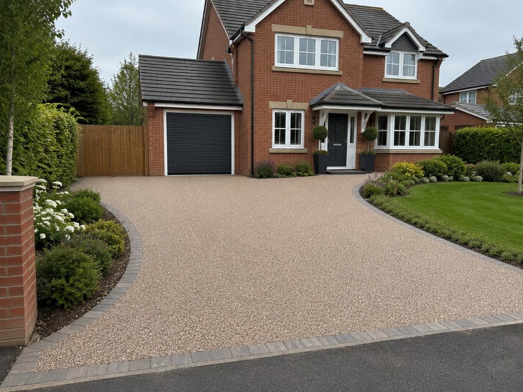 Champagne Pink resin bound driveway with curved edging on detached property by Daltex Resin Experts