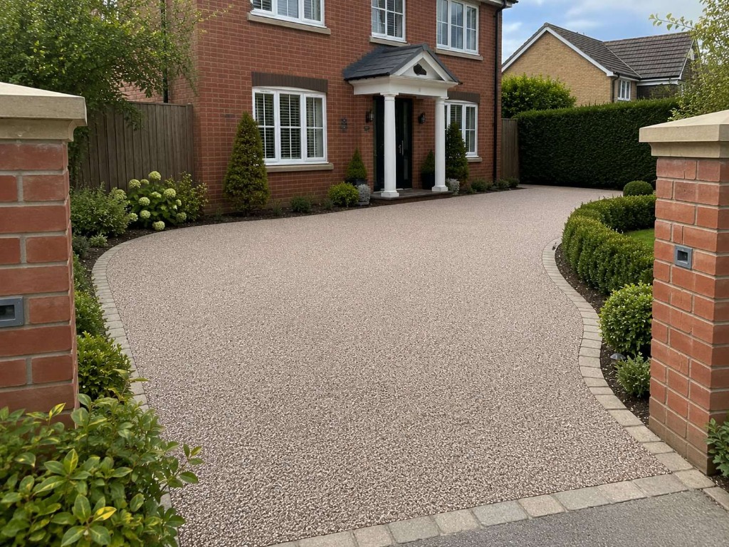 Champagne Pink resin bound driveway with brick pillars and manicured landscaping by Daltex Resin Experts