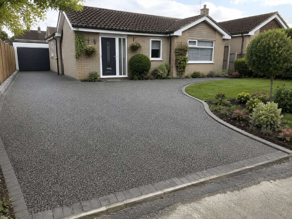 Dark Grey resin bound driveway on bungalow with curved lawn border by Daltex Resin Experts