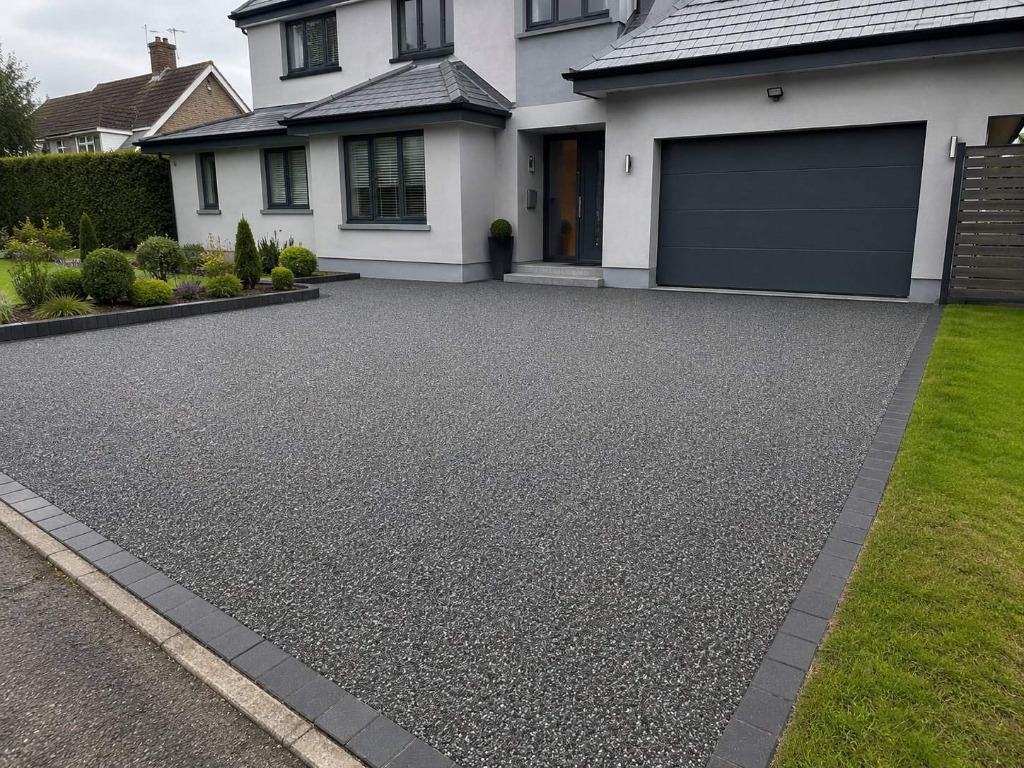 Dark Grey resin bound driveway on white rendered modern detached home by Daltex Resin Experts